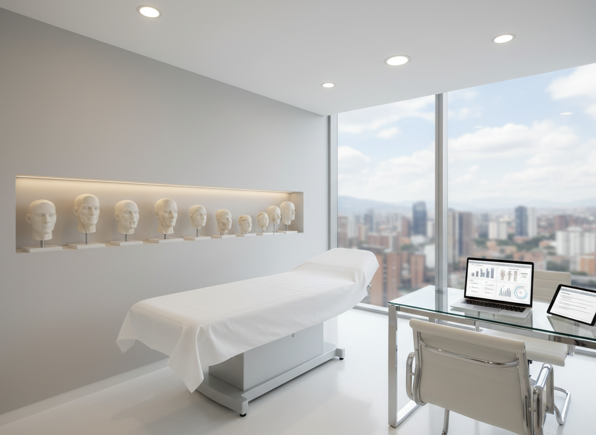A meticulously organized, high-end plastic surgery consultation room without any people, featuring a sleek white examination bed with crisp linens and a subtle sheen, beside a built-in wall display of anatomical 3D models of the face and body in soft ivory tones. On a minimalist glass desk rests an open laptop showing before-and-after graphs (no faces), anatomical diagrams, and safety checklists. Large floor-to-ceiling windows reveal a blurred Bogotá skyline. Soft daylight fills the space, complemented by discreet recessed ceiling lights that create gentle reflections on polished surfaces. Photographic realism, captured at eye level with a wide angle, emphasizing cleanliness, professionalism, and a calm, reassuring atmosphere suitable for international patients.