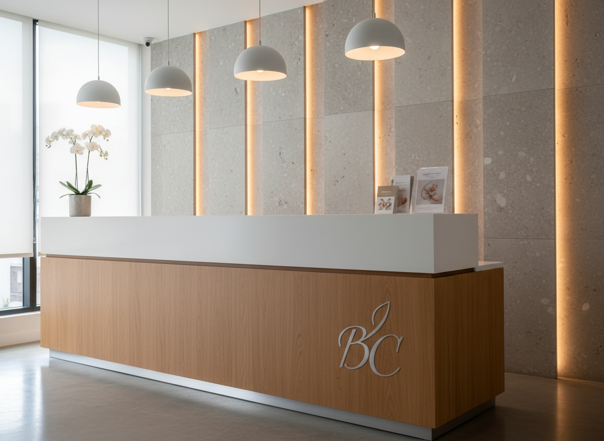 A sophisticated reception counter at a Bogotá plastic surgery clinic, with no people present, featuring a long, matte-white desk accented by a warm light-wood front panel and a discrete engraved logo. On the counter sits a small, minimalist arrangement of white orchids in a frosted glass vase and neatly stacked information brochures about safe, natural-looking procedures, text blurred but legible as medical literature. Behind the desk, a textured stone or wood wall with subtle backlighting adds depth. Natural daylight from the side mixes with soft pendant lighting above, casting inviting highlights. Photographic realism, captured from a slightly elevated angle with balanced composition, conveying calm, order, and a welcoming environment for both national and international patients.