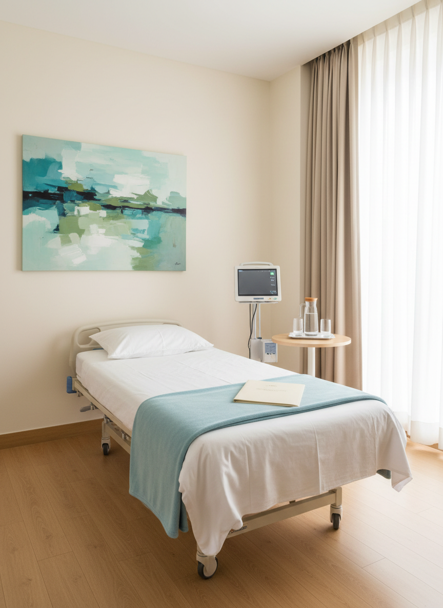 A serene postoperative recovery room in a Bogotá plastic surgery clinic, without any patients, featuring a single adjustable hospital bed dressed in perfectly smooth white linens and a pale blue blanket folded at the foot. A modern vital signs monitor sits idle beside the bed with neutral readings, while a small bedside table holds a glass carafe of water and a closed, neutral-colored patient file. Floor-to-ceiling curtains in soft beige partially cover a window with diffused daylight, creating a gentle glow across the space. The walls are a warm off-white with a contemporary piece of abstract art in calming blues and greens. Photographic realism, eye-level composition, and a balanced frame convey comfort, privacy, and safety for international recovery.