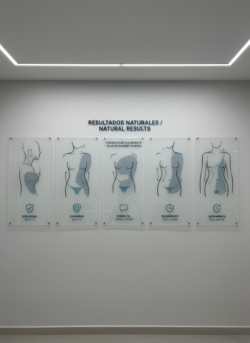 A high-resolution photographic detail of a clinic’s informational wall about natural plastic surgery results, featuring a series of minimalist infographic panels mounted on a light grey wall. Each panel shows stylized, non-human, abstract body outlines, contour lines, and arrows indicating subtle improvements in silhouette, accompanied by simple icons representing safety, consultation, and follow-up care. Soft, even lighting from ceiling fixtures ensures no harsh shadows, making the graphics crisp and legible while names and sensitive data are absent. Shot straight-on with a slight wide angle to capture multiple panels, the composition is clean and balanced, evoking a modern, educational atmosphere ideal for an international audience seeking clear, trustworthy information in Bogotá.