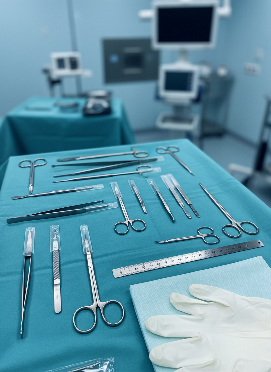 A detailed, realistic close-up of surgical instruments for plastic surgery arranged with absolute precision on a sterile, teal surgical drape. The instruments include gleaming stainless steel forceps, scalpels with protective covers, delicate scissors, and a small ruler for precise measurements, each catching soft reflections from overhead surgical lights. A folded, untouched surgical gown and pair of latex-free gloves rest neatly at the edge of the tray. The background shows a blurred, modern operating room with cool-toned walls and subtle equipment shapes, but no people or identifying details. The lighting is clinically bright yet even, emphasizing cleanliness and safety. Photographic realism, shot from a top-down perspective, creates a sense of meticulous preparation and rigorous standards.